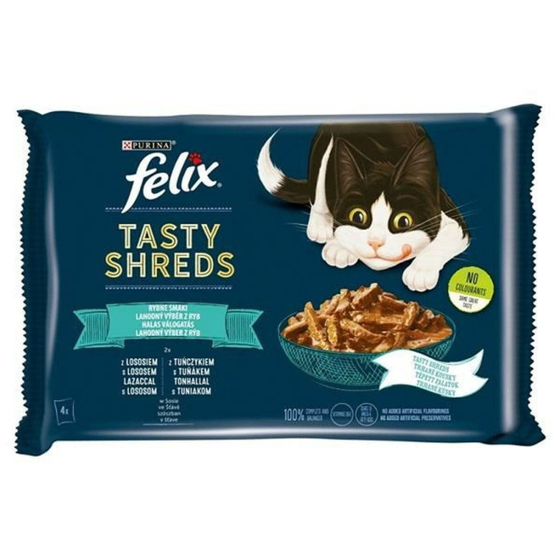 Kačių maistas Purina Tasty Shreds Lašišos raudonumo spalva Tunas 4 x 80 g